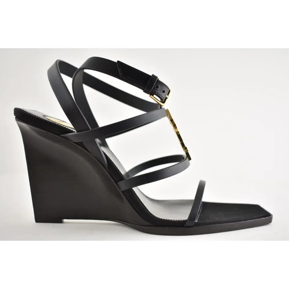 Saint Laurent YSL Logo Cassandra 90 Black Ankle Strap Wedge Sandal Heel 38.5